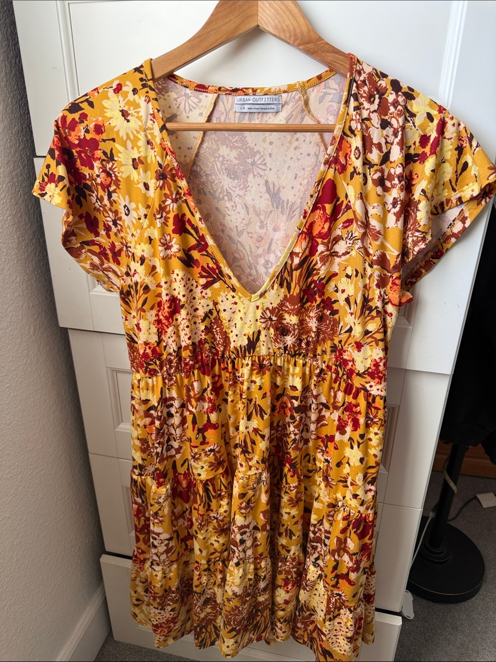 Urban Outfitters Yellow Floral Tiered V-Neck Dress